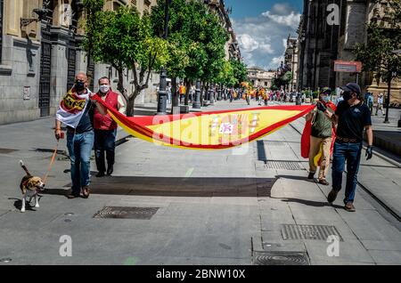 Straßendemonstration der rechtsextremen Partei Spaniens Vox-Wähler während der Coronavirus-Pandemie. Selektiver Fokus auf die Shi Stockfoto