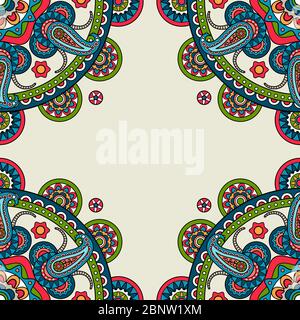 Indian Doodle paisley farbigen Rahmen. Vektorgrafik Stock Vektor