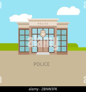 Farbige städtische Polizeigebäude mit Himmel und Wolken. Vektorgrafik Stock Vektor