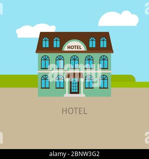 Buntes urbanes Hotelgebäude mit Himmel und Wolken. Vektorgrafik Stock Vektor