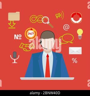 Callcenter oder Support mit orangefarbenem Hintergrund im flachen man-Stil. Vektorgrafik Stock Vektor