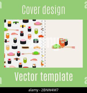 Cover-Design für Druck mit Sushi-Muster, Vektor-Illustration Stock Vektor