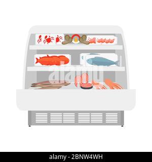 Fisch- und Meeresfrüchteprodukte in den Regalen des Geschäfts. Vektorgrafik Stock Vektor