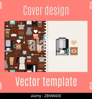 Cover-Design für Druck mit Kaffeemaschine und Tassen Muster. Vektorgrafik Stock Vektor