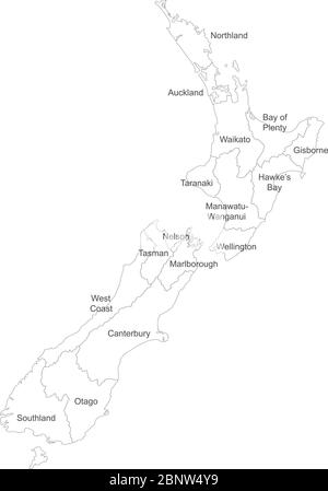 Neuseeland Karte mit Namensschildern auf weißem Hintergrund. Politische Landkarte. Perfekt für Geschäftskonzepte, Hintergründe, Hintergrund, Poster, Aufkleber, Banner, la Stock Vektor