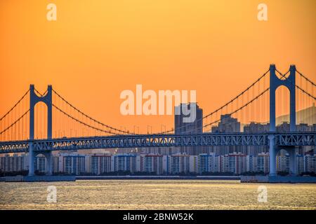 Gwangan Bridge und Haeundae bei Sonnenuntergang, Busan City, Südkorea. Stockfoto