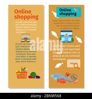 Online-Shopping Lebensmittel und Meeresfrüchte vertikale Flyer Design. Vektorgrafik Stock Vektor