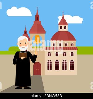 Farbiges Kirchengebäude mit Pastor in der Nähe, Vektorgrafik Stock Vektor