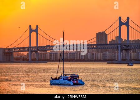 Gwangan Bridge und Haeundae bei Sonnenuntergang, Busan City, Südkorea. Stockfoto