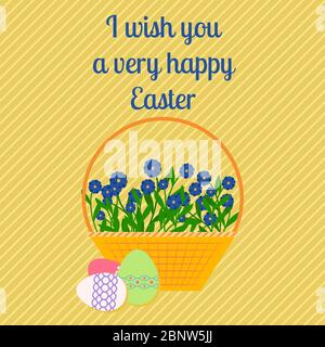 Frohe Ostern gelbe vertikale Grußkarte, mit Eiern und Korb mit Blumen. Vektorgrafik Stock Vektor