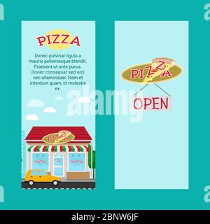 Pizza vertikale Flyer mit Ladenbau und Landschaft, Vektorgrafik Stock Vektor