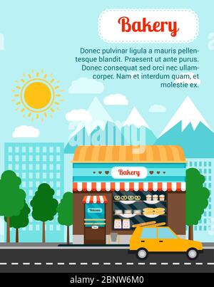 Bäckerei Werbebanner mit Ladenbau und Landschaft. Vektorgrafik Stock Vektor