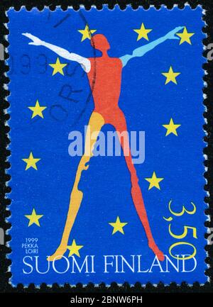 POLTAVA, UKRAINE - 15. Mai 2020. Vintage-Stempel gedruckt in Finnland um 1999 zeigen Präsidentschaft der EU Stockfoto