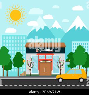 Japanisches Restaurant Shop Gebäude und Landschaft, Vektor-Illustration Stock Vektor