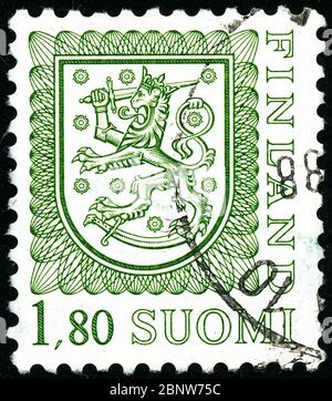 POLTAVA, UKRAINE - 15. Mai 2020. Vintage-Stempel gedruckt in Finnland um 1988 zeigen stehenden Löwen Stockfoto