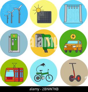 Symbole für grüne Energie und umweltfreundliche Transportwege. Vektorgrafik Stock Vektor