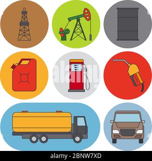 Symbole für die flache Linie der Ölindustrie. Zeichen für Benzin, Erdöl und Kraftstoff. Vektorgrafik Stock Vektor