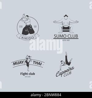Fight Club Logo oder MMA Emblem Set. Capoeira und Sumo, Aikido und thai Boxlogos. Vektorgrafik Stock Vektor