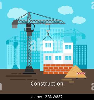 Hausbau mit Gebäudekran für Baustellenbau Vektor-Illustration Stock Vektor