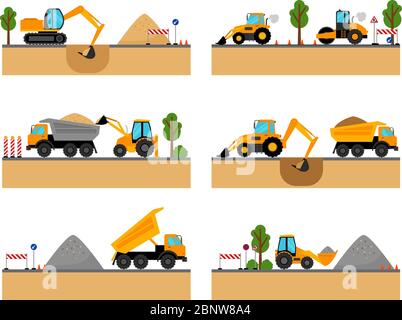 Baustellen Maschinen Vektor Illustration. Lader und Bagger, Bagger und Dumper Stock Vektor