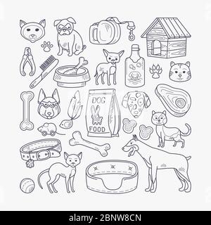 Vektor handgezeichnete Haustiere. Doodle Hund und Katze Zeichen Stock Vektor