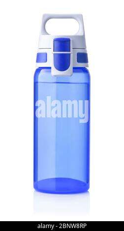 Vorderansicht der blauen Sport Kunststoff Wasserflasche auf weiß Stockfoto