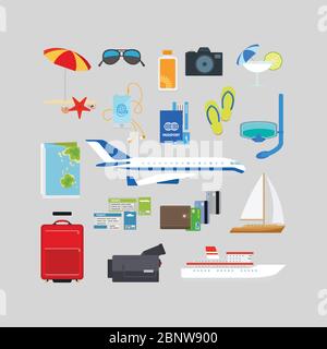 Reise- und Tourismus-Sommer-Ikonen im flachen Stil. Vektorgrafik Stock Vektor