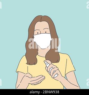 Frau in Maske mit Desinfektionsmittel. Covid-19 Stock Vektor