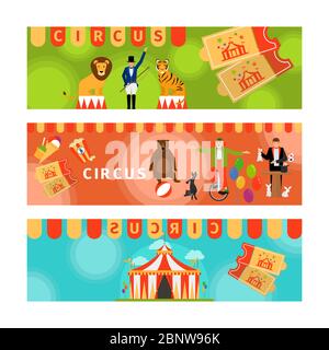 Circus Banner mit lustigen flachen Elementen. Vektorgrafik Stock Vektor