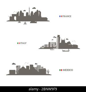 Silhouette und Flaggen der Skyline von Frankreich, Italien und Mexiko. Vektorgrafik Stock Vektor