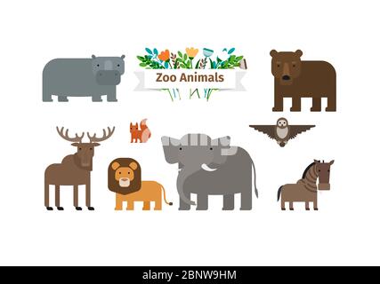 Zoo Tiere Flaches Design Vektor-Symbole Set Stock Vektor