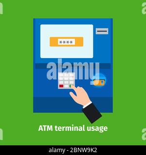 Verwendung von Kreditkarten aus Kunststoff. Vektorgrafik ATM-Terminal Stock Vektor