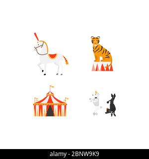 Zirkus Vektor flache Icons Set mit Tiger Elefant Hunde und Zelt Stock Vektor