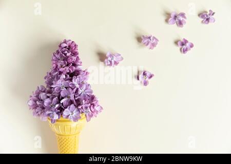Eishorn gefüllt mit Frühlingsblumen. Flieder als Symbol des Frühlings und Erwachen der Zärtlichkeit und des Freiheitsgefühls. Konzeptfoto in der Stockfoto