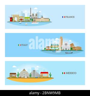 Horizontale Banner der Skyline von Frankreich, Italien und Mexiko. Vektorgrafik Stock Vektor