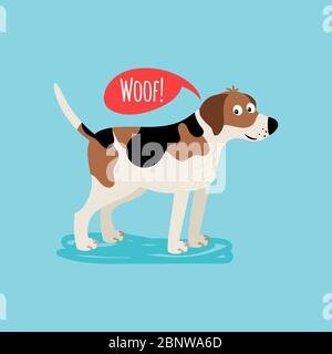 Vektor Cartoon glücklicher Hund, Karte Vorlage mit Text woof Stock Vektor