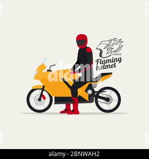 Biker mit Motorrad in flacher Ausführung mit Logo Silhouette, Vektor Illustration Stock Vektor