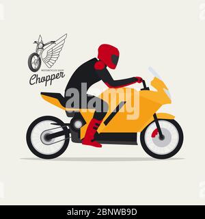 Biker mit Motorrad in flacher Ausführung mit Logo Silhouette, Vektor Illustration Stock Vektor
