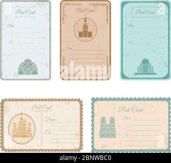 Postkarte Grunge Vintage Karte Sammlung mit Stadtdenkmal. Vektorgrafik Stock Vektor