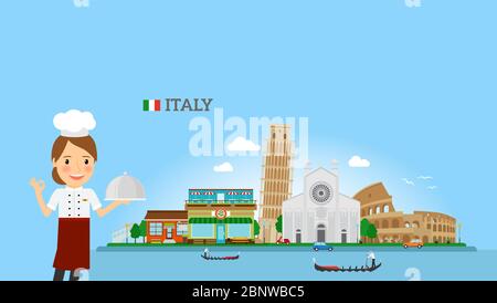 Italienische Küche mit Chefkoch in der Nähe der Skyline Italiens. Vektorgrafik Stock Vektor