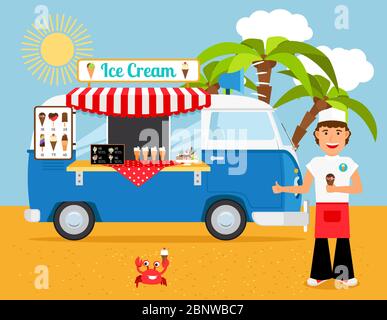 Eiswagen Vektor Illustration. Iceman und Eiscreme-Van am Sandstrand mit Palmen Stock Vektor