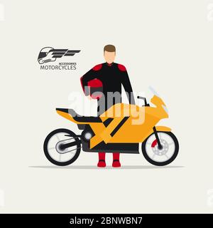 Biker mit Motorrad in flacher Form mit Logo Silhouette, Vektor-Illustration Stock Vektor