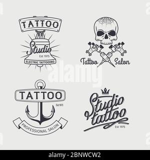 Tattoo Studio Logo Vorlagen. Vector Retro Tätowierung Kunstshop Embleme mit Totenkopf und Anker Stock Vektor