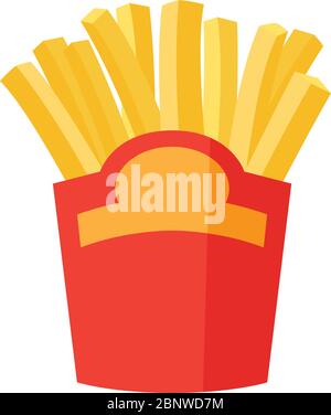 Flaches Vektorsymbol für Pommes frites in Papierkartons. Gelbe Fast Food gebratene Kartoffeln Paket auf weißem Hintergrund isoliert Stock Vektor