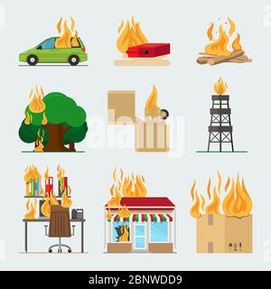 Symbole für Brandgefahr. Feuer in Haus und Gebäude, vergessen Feuer Vektor-Zeichen für Versicherung und Brandschutz Infografik Stock Vektor