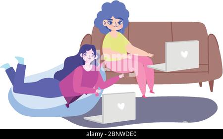 Arbeiten aus der Ferne, junge Frauen mit Laptop auf dem Sofa und Sitzbank Vektor-Illustration Stock Vektor
