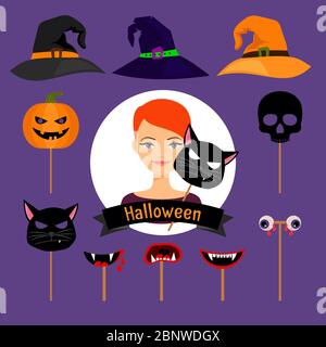 Halloween Party Mode Mädchen Vektor Artikel. Zauberhut, schwarze Katze, Kürbis und Totenkopf Masken für halloween Urlaubsdesign Stock Vektor