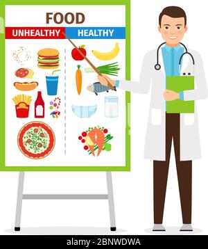 Ernährungsberater Vektor Illustration. Der Arzt zeigt Poster über gesunde und ungesunde Ernährung Stock Vektor