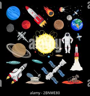 Space-Symbole in flacher Form. Vector Union Station, Rakete, Shuttle-Raumschiff, Planeten und Erde Illustration Stock Vektor