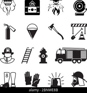 Schwarze Symbole für Feuerwehrmann. Feuerwehr und Feuerlöschanlagen, Alarm- und Brandmeldeanlagen. Vektorgrafik Stock Vektor